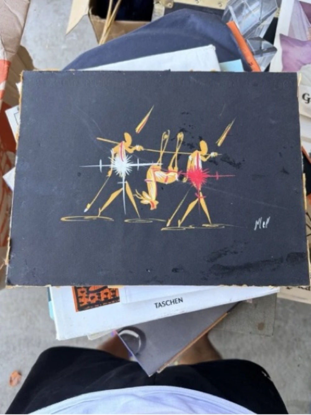 Mid-Century Modern Abstract Painting on Board – Signed "Mel" – African Tribal